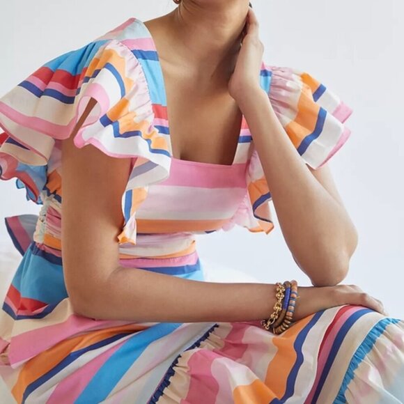 NWT Anthropologie Plenty by Tracy Reese Rainbow Ruffled Striped Maxi Dress Large - Picture 11 of 12
